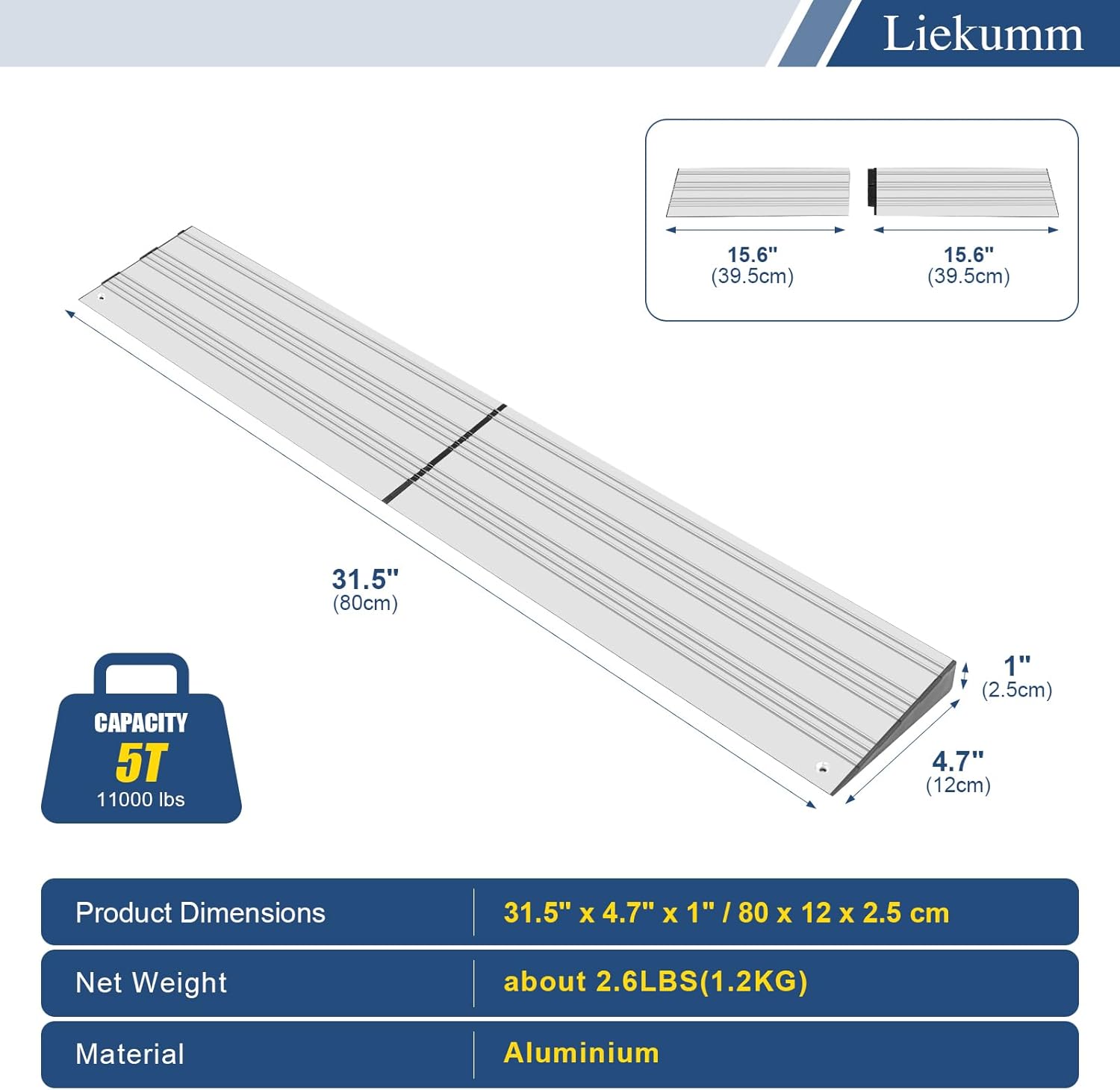 LIEKUMM 1 Inch Rise Threshold Ramp, 11000lbs Capacity Doorway Ramp for Wheelchairs, Aluminum Non Slip Door Threshold Ramp for Home Steps, Garage, Entry, Stairs, Silver-1