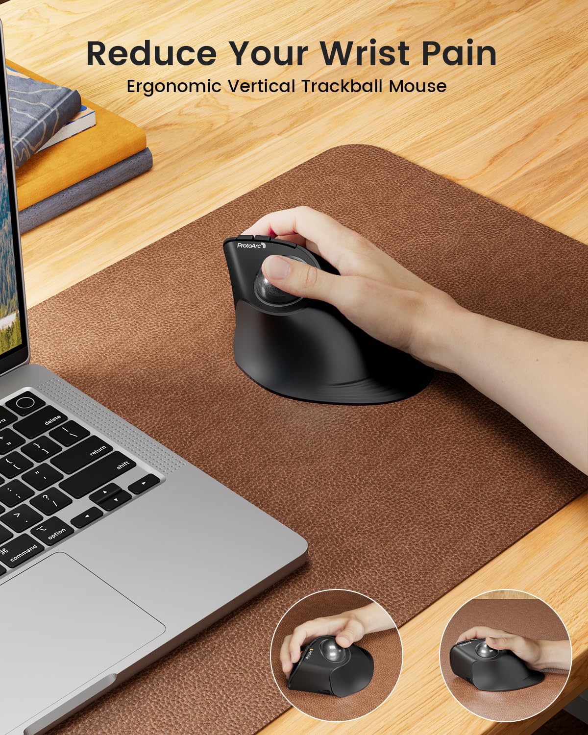 ProtoArc Vertical Wireless Trackball Mouse, EM05 NL Bluetooth Ergonomic Rollerball Mouse Rechargeable Computer Laptop Thumb Mouse, 3 Device Connection, Compatible with iPad, Mac, Windows, PC-Gray-1