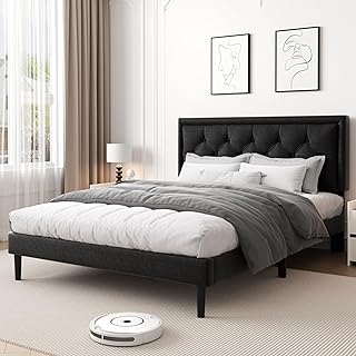 Queen Size Platform Bed Frame with Upholstered Velvet Button Tufted Headboard, Mattress Foundation with Wooden Slat Support, No Box Spring Needed, Easy Assembly, Noise Free, Black