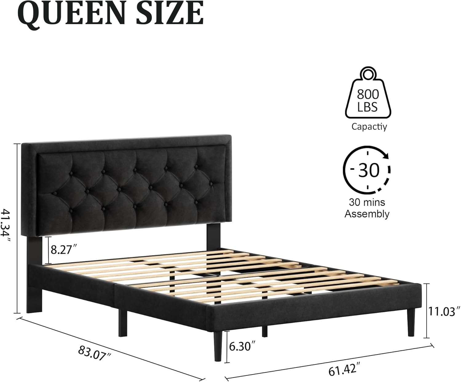 Queen Size Platform Bed Frame with Upholstered Velvet Button Tufted Headboard, Mattress Foundation with Wooden Slat Support, No Box Spring Needed, Easy Assembly, Noise Free, Black-1