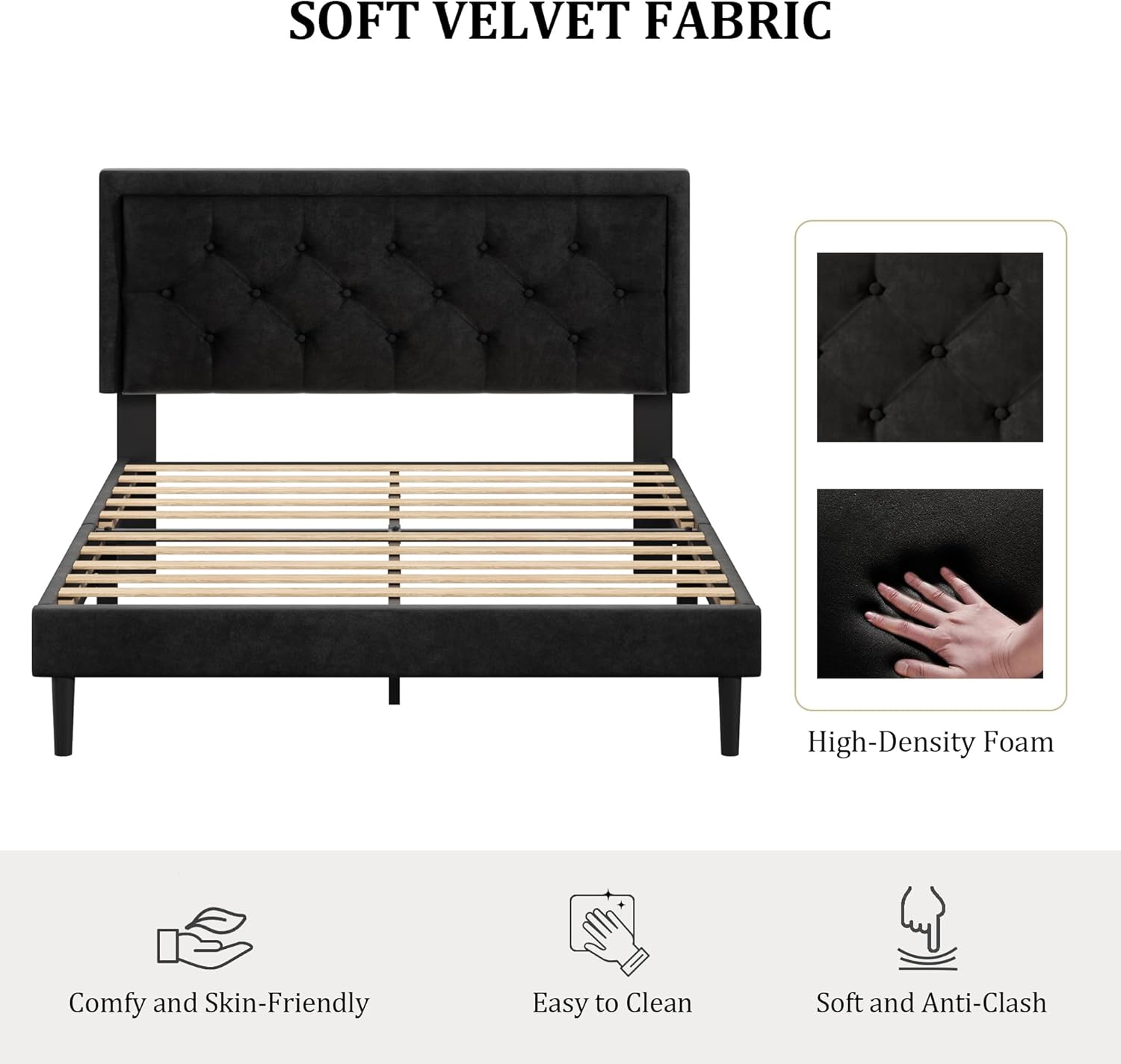 Queen Size Platform Bed Frame with Upholstered Velvet Button Tufted Headboard, Mattress Foundation with Wooden Slat Support, No Box Spring Needed, Easy Assembly, Noise Free, Black-2