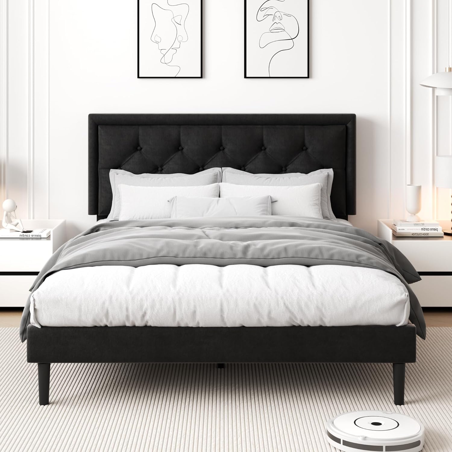 Queen Size Platform Bed Frame with Upholstered Velvet Button Tufted Headboard, Mattress Foundation with Wooden Slat Support, No Box Spring Needed, Easy Assembly, Noise Free, Black-3