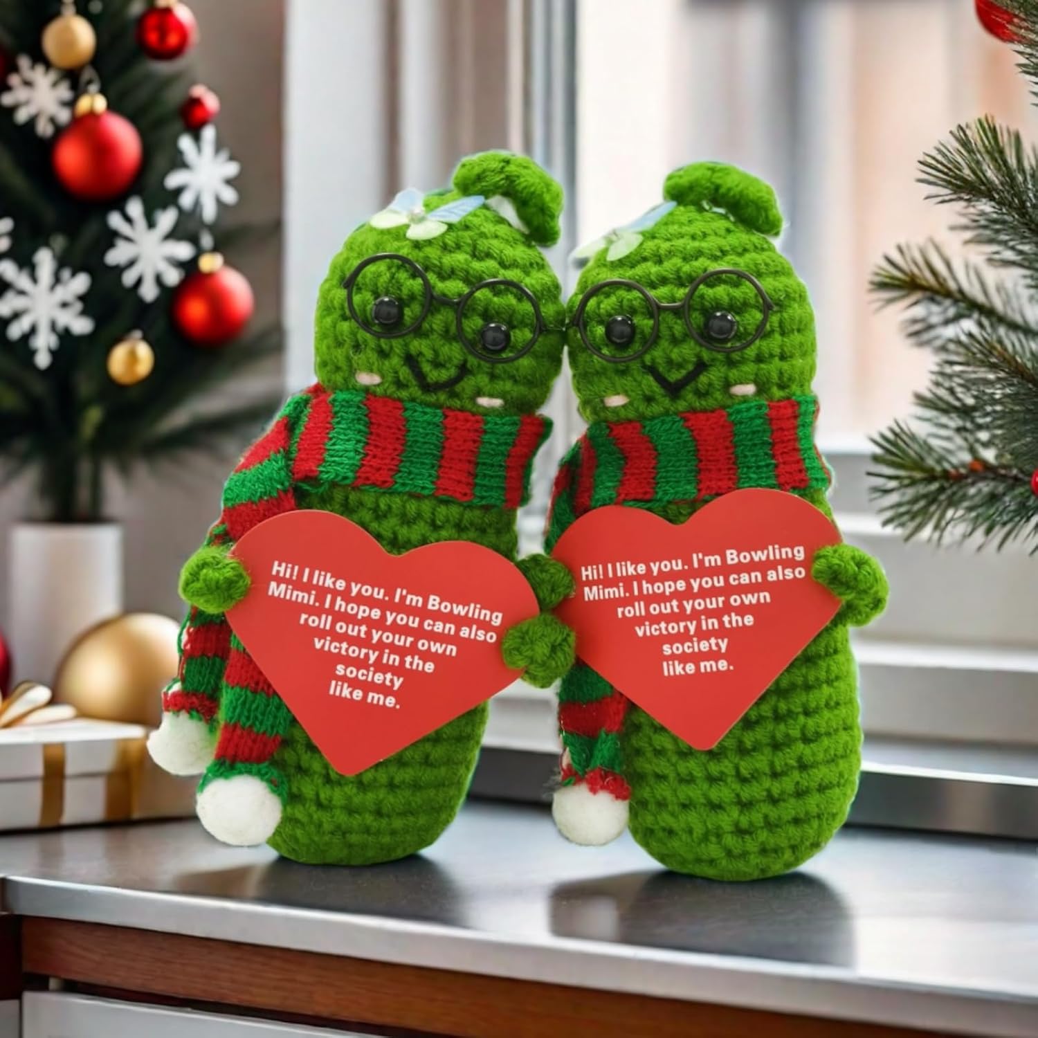 2 Pcs Emotional Support Pickle Dolls, Positive Crochet Animals Plush Funny Knitting Gifts for Women Best Friend Coworker 2024 (5" Dolls with Love Card)-2