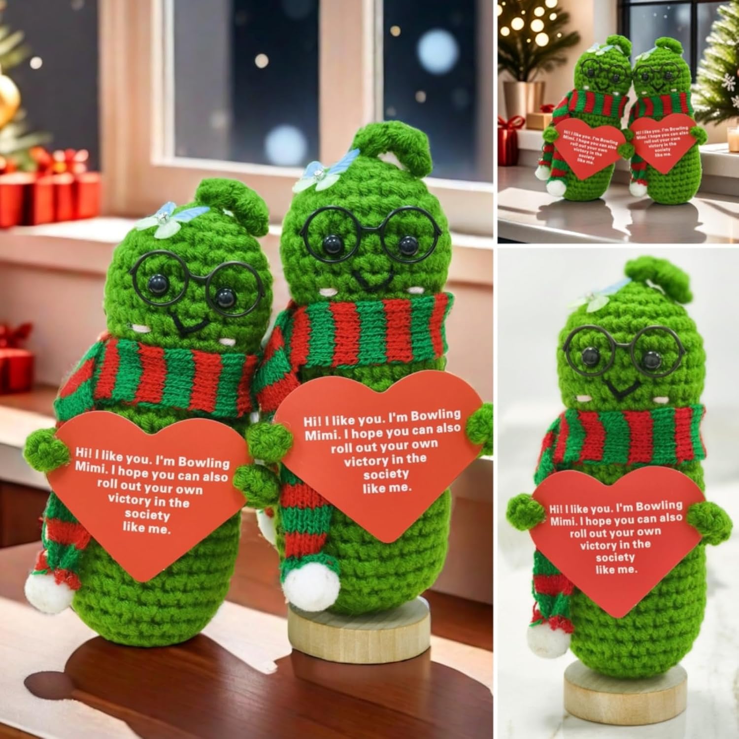 2 Pcs Emotional Support Pickle Dolls, Positive Crochet Animals Plush Funny Knitting Gifts for Women Best Friend Coworker 2024 (5" Dolls with Love Card)-3