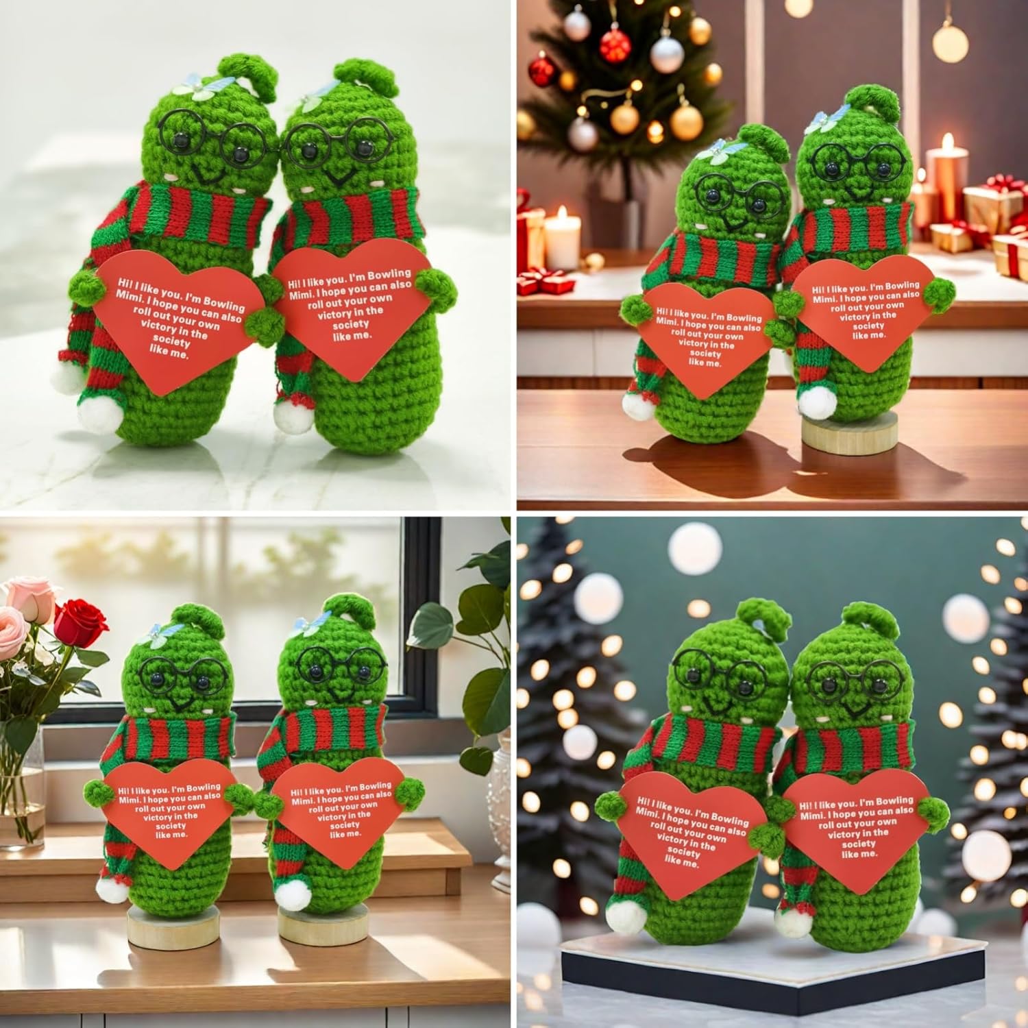 2 Pcs Emotional Support Pickle Dolls, Positive Crochet Animals Plush Funny Knitting Gifts for Women Best Friend Coworker 2024 (5" Dolls with Love Card)-4