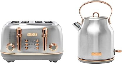 Haden Heritage 4 Slice Wide Slot Stainless Steel Toaster Bundled with 1.7 Liter Stainless Steel Electric Water Kettle, Steel & Copper