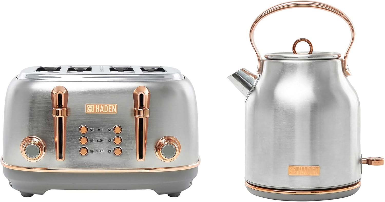 Haden Heritage 4 Slice Wide Slot Stainless Steel Toaster Bundled with 1.7 Liter Stainless Steel Electric Water Kettle, Steel & Copper-0