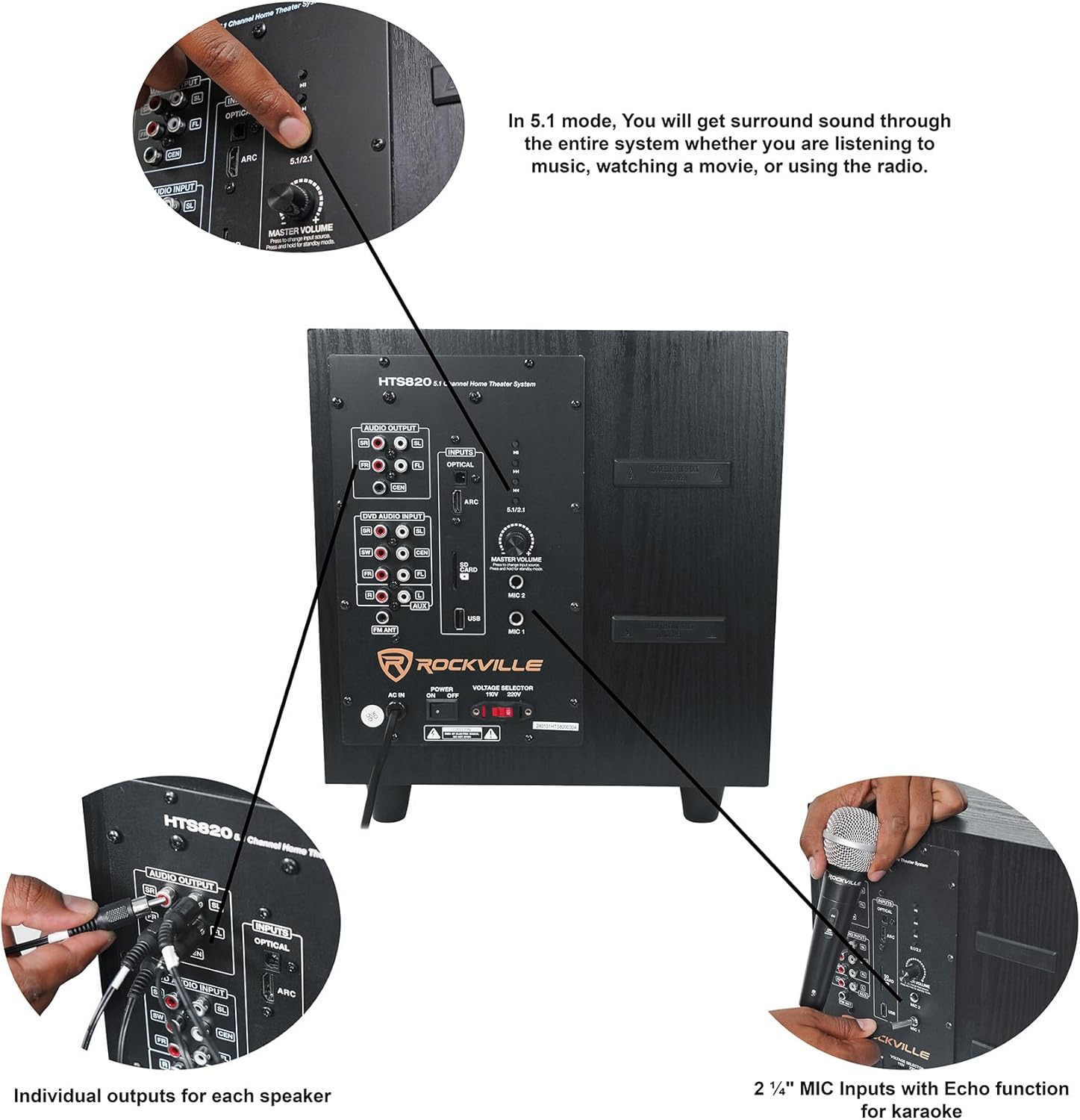 Rockville HTS820 1500W 5.1 Channel Home Theater System with 8" Subwoofer, Bluetooth, USB, Includes Remote and Speaker Mounts - Perfect for Movies, Music, Karaoke-5