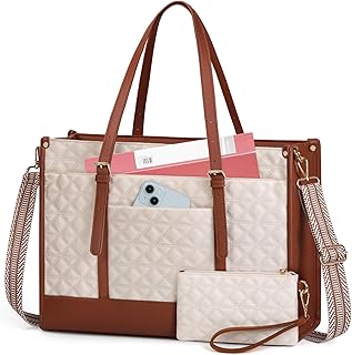 IGOLUMON Laptop Bag for Women 15.6 Inch Vegan Leather Work Tote Bag Quilted Womens Briefcase Designer Laptop Bags for Office Teacher College Cute Computer Bag with Purse Professional Beige & Brown