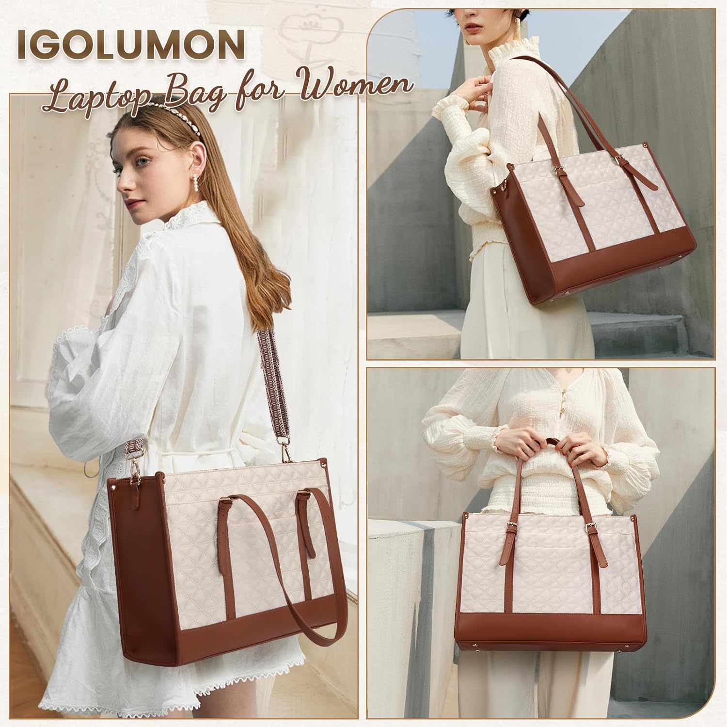 IGOLUMON Laptop Bag for Women 15.6 Inch Vegan Leather Work Tote Bag Quilted Womens Briefcase Designer Laptop Bags for Office Teacher College Cute Computer Bag with Purse Professional Beige & Brown-2