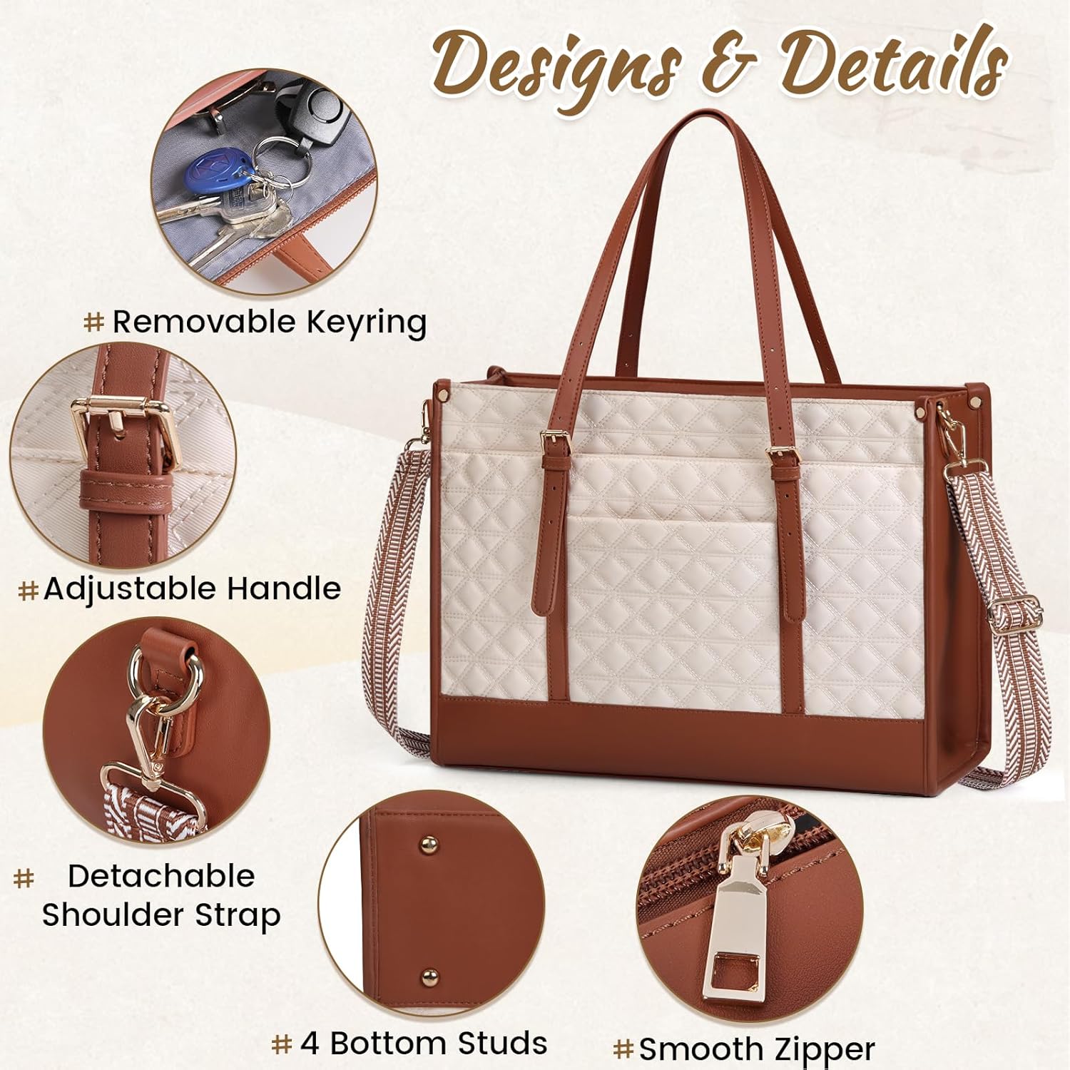 IGOLUMON Laptop Bag for Women 15.6 Inch Vegan Leather Work Tote Bag Quilted Womens Briefcase Designer Laptop Bags for Office Teacher College Cute Computer Bag with Purse Professional Beige & Brown-3