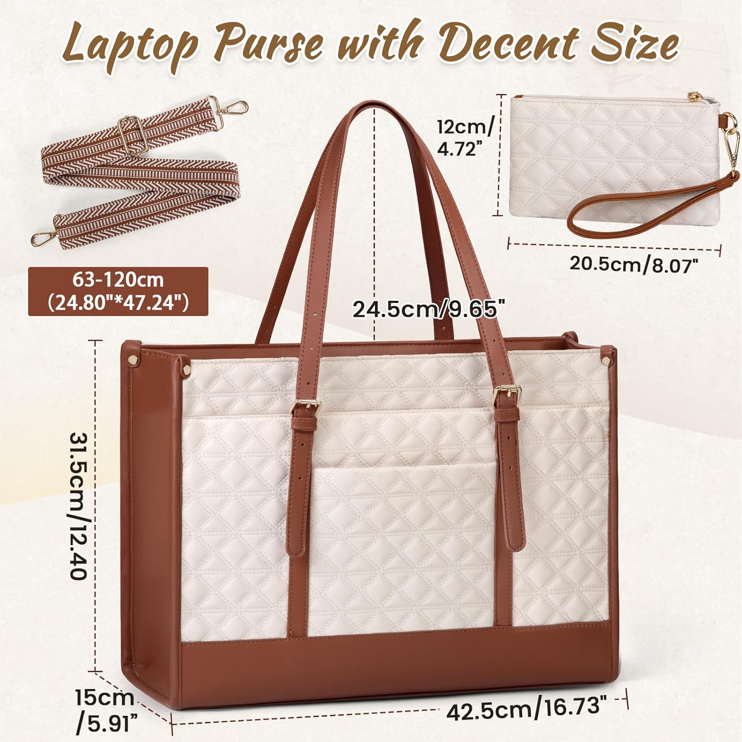 IGOLUMON Laptop Bag for Women 15.6 Inch Vegan Leather Work Tote Bag Quilted Womens Briefcase Designer Laptop Bags for Office Teacher College Cute Computer Bag with Purse Professional Beige & Brown-4