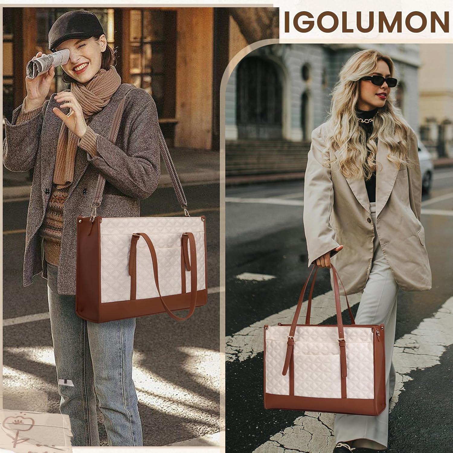 IGOLUMON Laptop Bag for Women 15.6 Inch Vegan Leather Work Tote Bag Quilted Womens Briefcase Designer Laptop Bags for Office Teacher College Cute Computer Bag with Purse Professional Beige & Brown-5