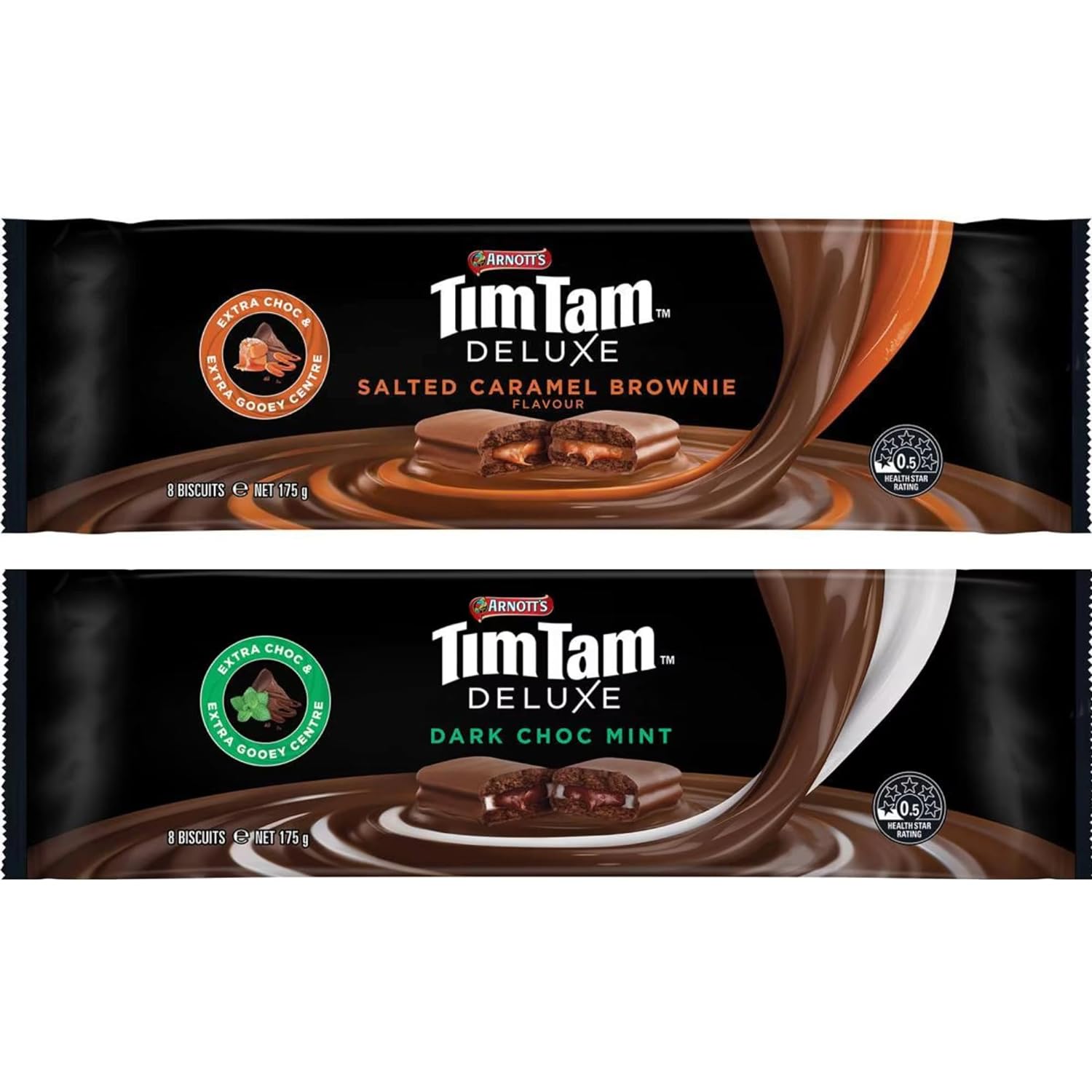 Tim Tam Deluxe Chocolate Biscuits 2 Pack - Salted Caramel Brownie 175g & Dark Choc Mint 175g-0