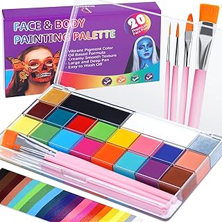 Face Body Paint Kit, 20 Colors Oil Based Painting Palette with 4 Professional Artist Brushes, Large Deep Pan Face Painting Kit Ideal for Halloween SFX Cosplay Costume Makeup