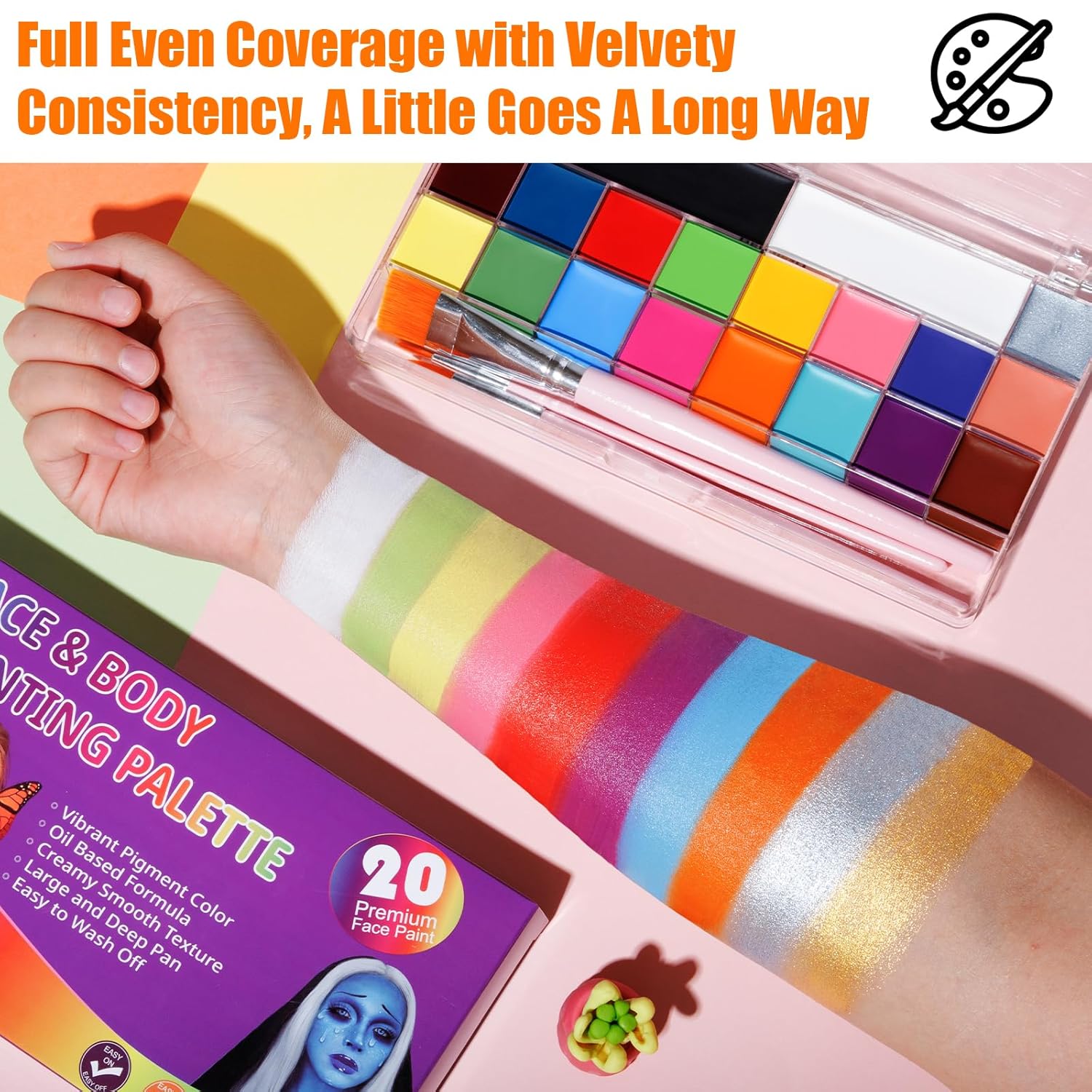 Face Body Paint Kit, 20 Colors Oil Based Painting Palette with 4 Professional Artist Brushes, Large Deep Pan Face Painting Kit Ideal for Halloween SFX Cosplay Costume Makeup-6