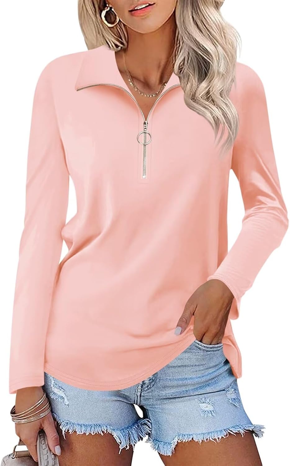 Minetom Women's Long Sleeve Tops Quarter Zip Pullover Collared Shirts Fall Clothes-0