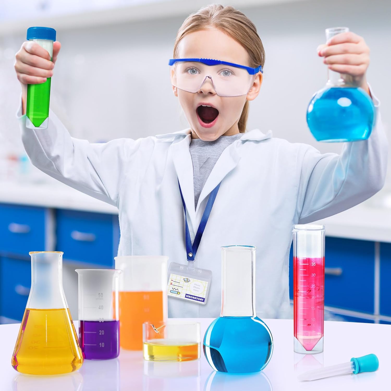 UNGLINGA Kids Lab Coat Doctor Scientist Costume with Science Goggles ID Card Test tube-4