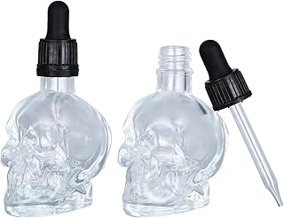 Skull Glass Dropper Bottle with Funnel & Labels - 2 Pack - 2 oz Small Empty Eye Dropper Bottle - For Aromatherapy Refillable Essential Oil, Beauty Oil Mix, Beard Oil, Flavor Oil Dispenser