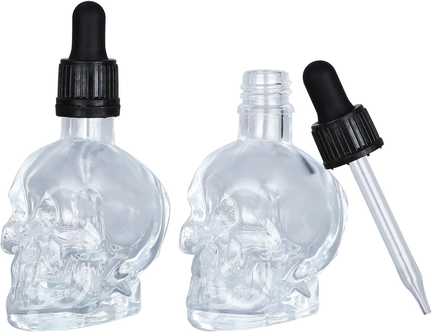 Skull Glass Dropper Bottle with Funnel & Labels - 2 Pack - 2 oz Small Empty Eye Dropper Bottle - For Aromatherapy Refillable Essential Oil, Beauty Oil Mix, Beard Oil, Flavor Oil Dispenser-0