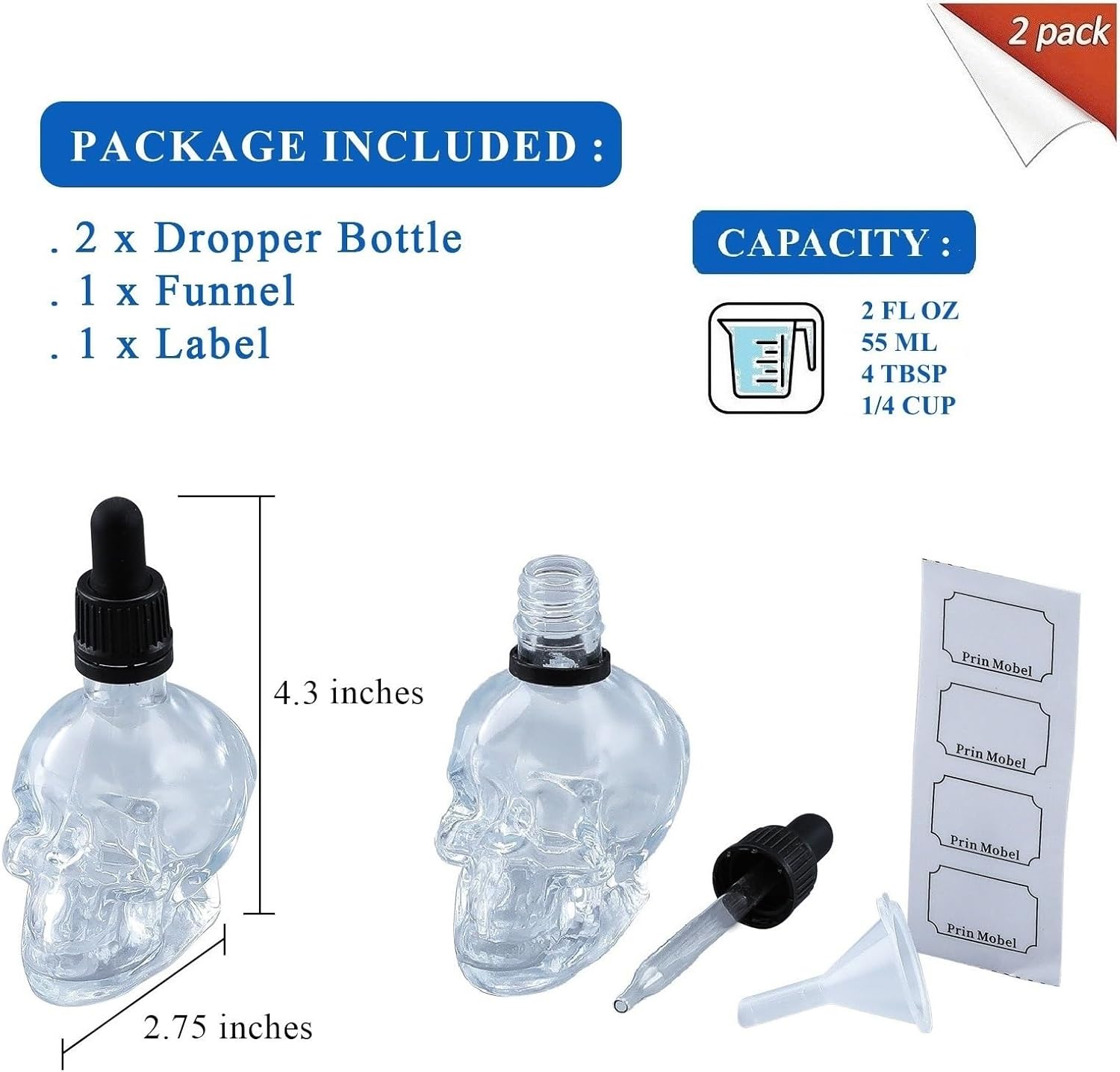 Skull Glass Dropper Bottle with Funnel & Labels - 2 Pack - 2 oz Small Empty Eye Dropper Bottle - For Aromatherapy Refillable Essential Oil, Beauty Oil Mix, Beard Oil, Flavor Oil Dispenser-2