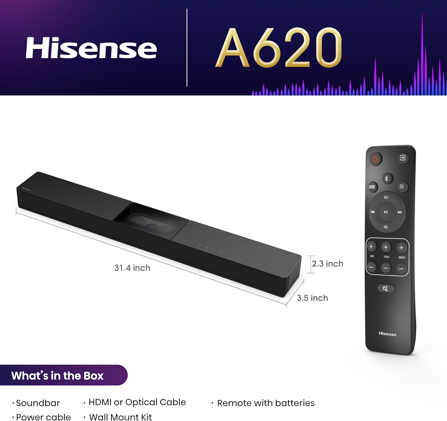 Hisense A620 2.1ch All-in-one Sound Bar with Built-in Subwoofer, 240W, DTS Virtual: X, Dolby Dightal Plus, Bluetooth 5.3, Roku TV Ready, HDMI ARC/AUX/USB, Ez Play, Black (A620, 2024 Model)-1