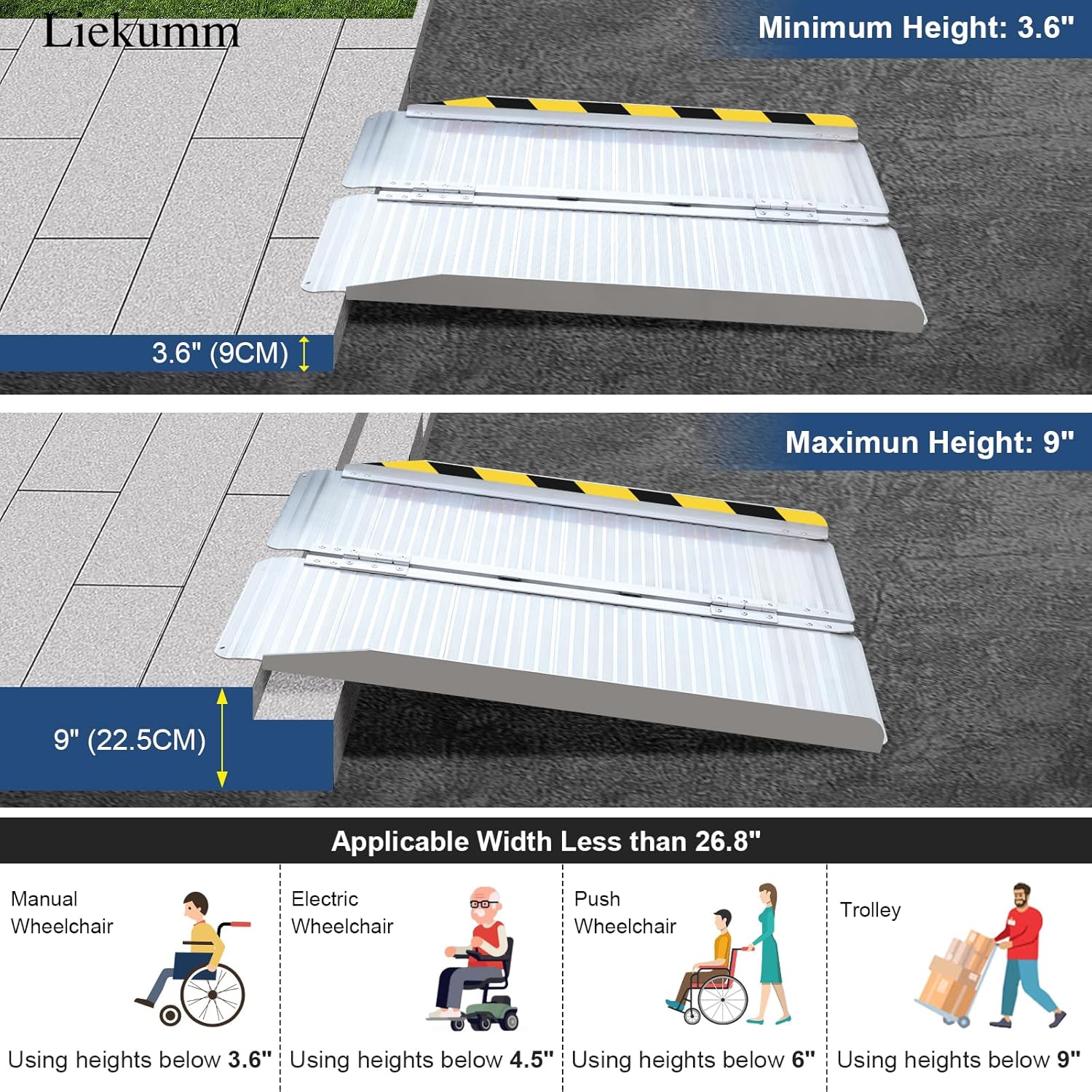 LIEKUMM Portable Wheelchair Ramp, 3FT Wheelchair Ramp, Aluminum Folding Ramp, 600LBS Capacity, Door Threshold Wheelchair Ramp, Threshold Ramp for Wheelchairs, Home, Stairs, Doorways and Steps-2