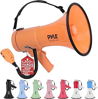 Pyle 50W Megaphone Bullhorn - Portable, Automatic Siren & Adjustable Volume,Projection Range Up to 1200 Square Yards, Aux Input, Talk, Siren, Music, Whistle, & Record, Shoulder Strap (Orange)