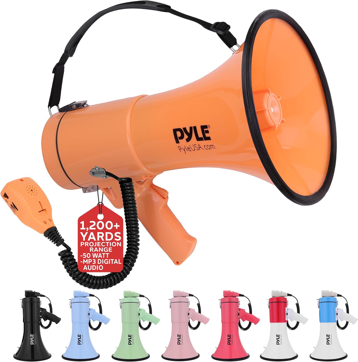 Pyle 50W Megaphone Bullhorn - Portable, Automatic Siren & Adjustable Volume,Projection Range Up to 1200 Square Yards, Aux Input, Talk, Siren, Music, Whistle, & Record, Shoulder Strap (Orange)-0