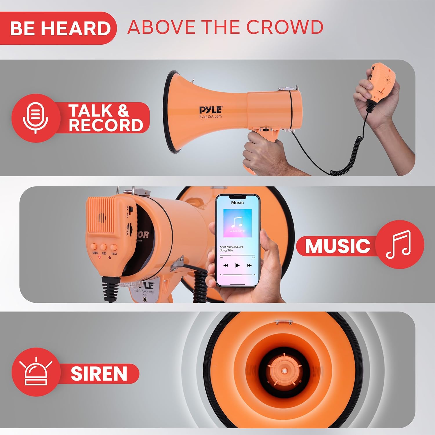 Pyle 50W Megaphone Bullhorn - Portable, Automatic Siren & Adjustable Volume,Projection Range Up to 1200 Square Yards, Aux Input, Talk, Siren, Music, Whistle, & Record, Shoulder Strap (Orange)-2