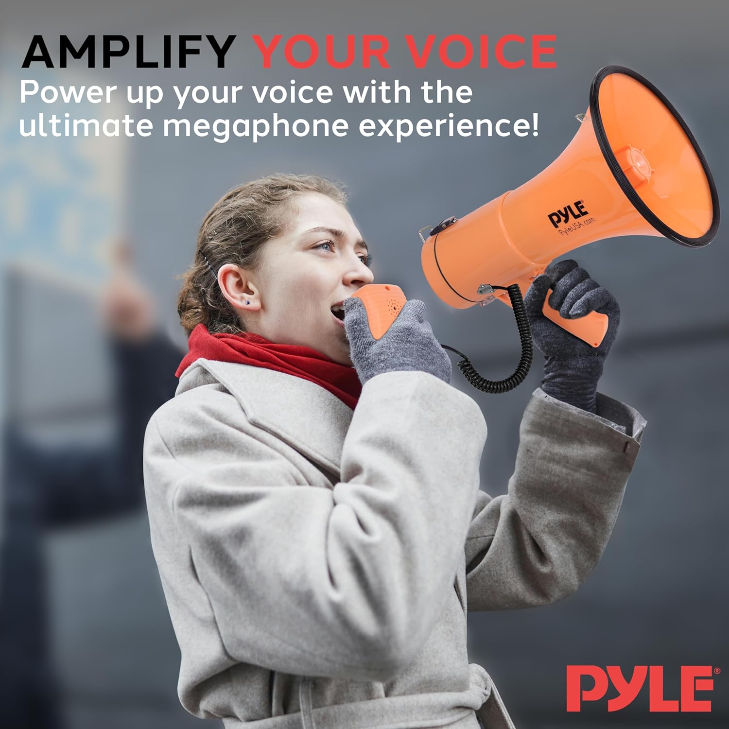 Pyle 50W Megaphone Bullhorn - Portable, Automatic Siren & Adjustable Volume,Projection Range Up to 1200 Square Yards, Aux Input, Talk, Siren, Music, Whistle, & Record, Shoulder Strap (Orange)-5