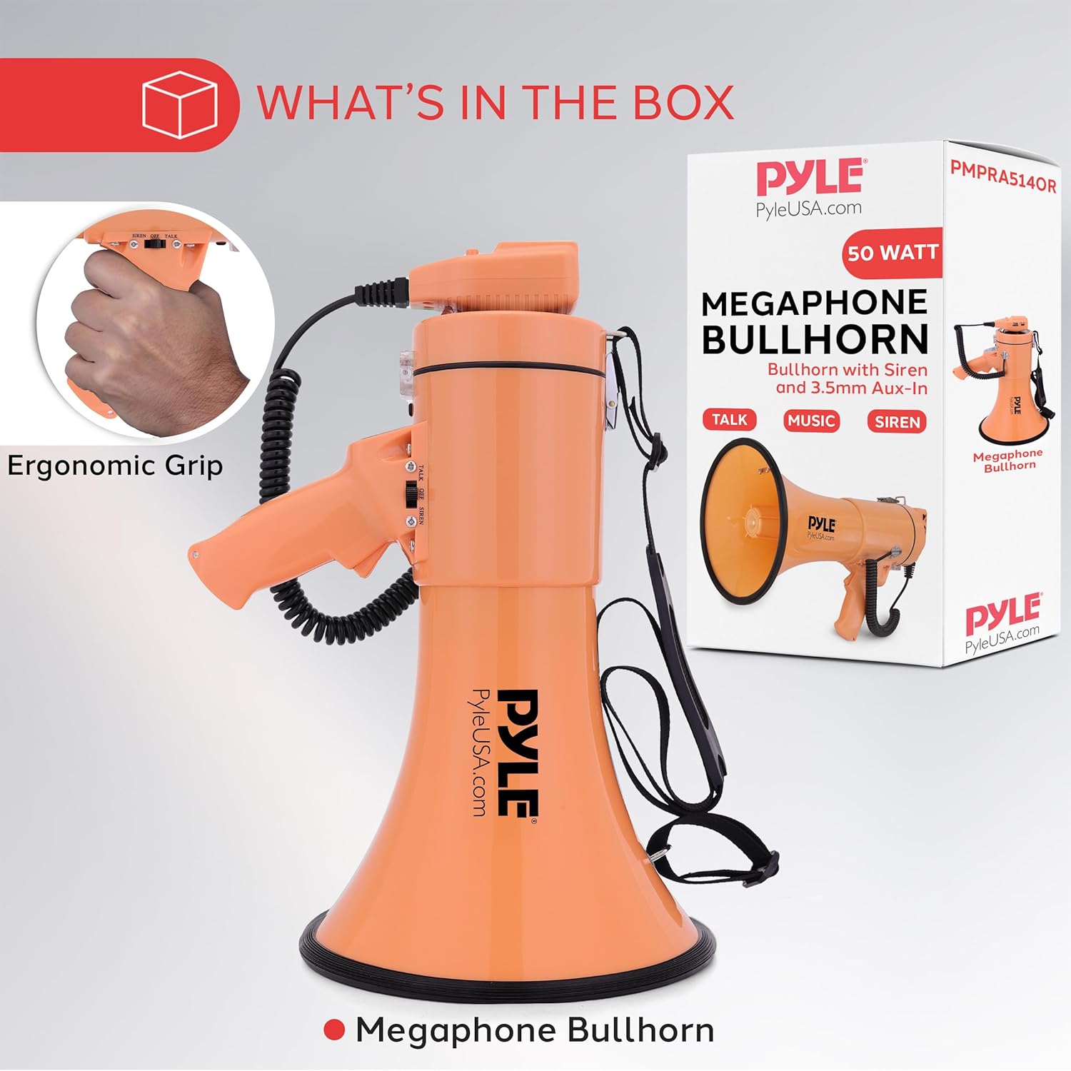 Pyle 50W Megaphone Bullhorn - Portable, Automatic Siren & Adjustable Volume,Projection Range Up to 1200 Square Yards, Aux Input, Talk, Siren, Music, Whistle, & Record, Shoulder Strap (Orange)-6