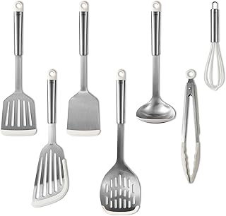 CAROTE 7PCS Cooking Utensils Set, Stainless Steel Kitchen Utensill Set, Kitchen Gadgets for Nonstick Pots and Pans, Utensil Sets with Tongs, Ladle Spatula &Turner, White