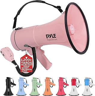 Pyle 50W Megaphone Bullhorn - Portable, Automatic Siren & Adjustable Volume,Projection Range Up to 1200 Square Yards, Aux Input, Talk, Siren, Music, Whistle, & Record, Shoulder Strap (Pink)