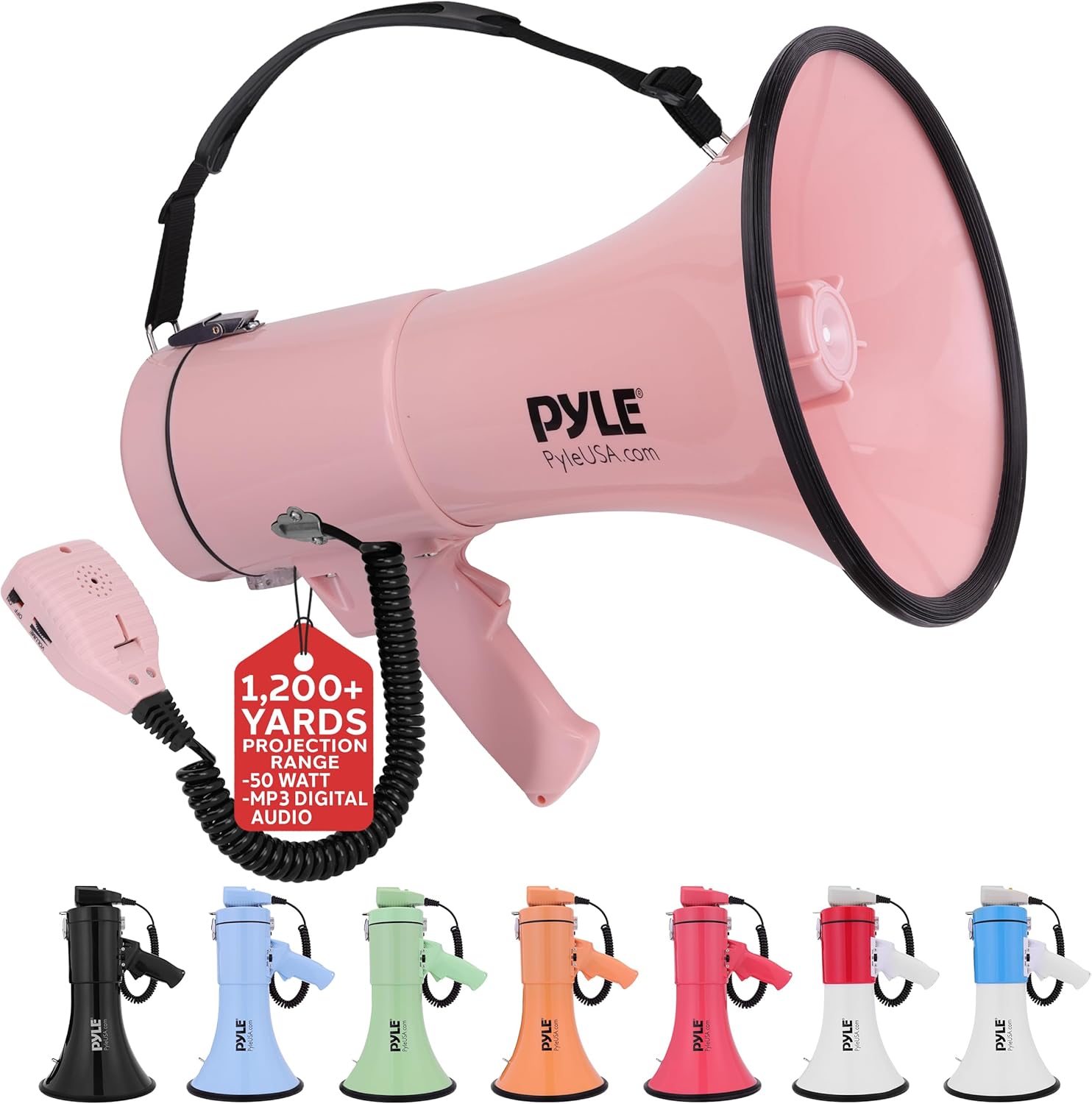 Pyle 50W Megaphone Bullhorn - Portable, Automatic Siren & Adjustable Volume,Projection Range Up to 1200 Square Yards, Aux Input, Talk, Siren, Music, Whistle, & Record, Shoulder Strap (Pink)-0