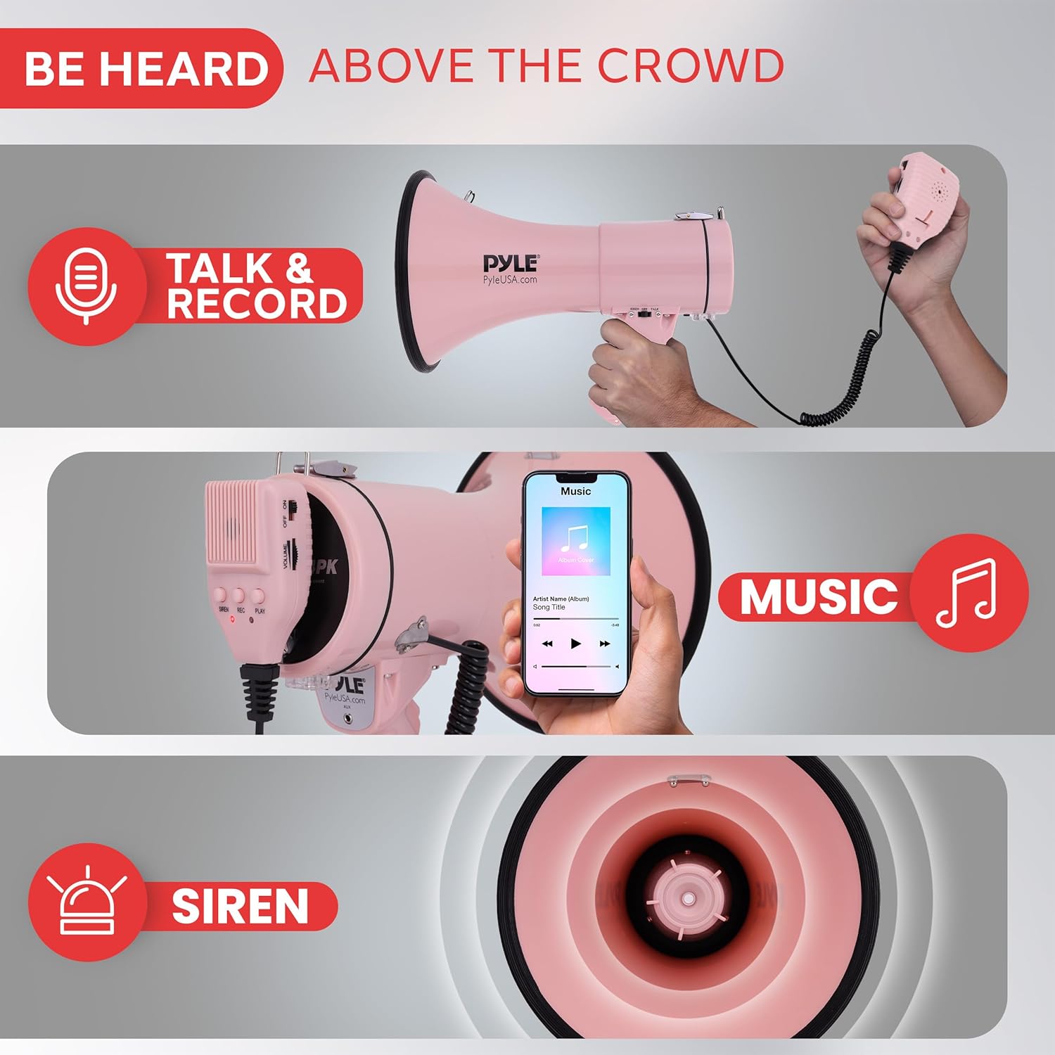 Pyle 50W Megaphone Bullhorn - Portable, Automatic Siren & Adjustable Volume,Projection Range Up to 1200 Square Yards, Aux Input, Talk, Siren, Music, Whistle, & Record, Shoulder Strap (Pink)-2