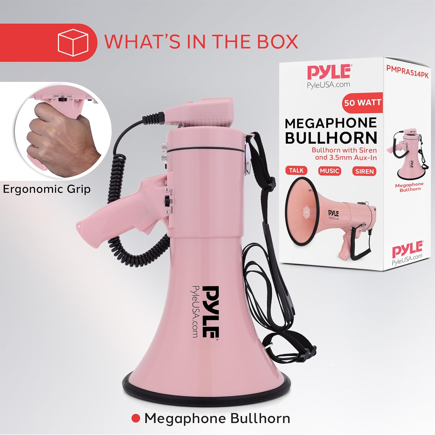 Pyle 50W Megaphone Bullhorn - Portable, Automatic Siren & Adjustable Volume,Projection Range Up to 1200 Square Yards, Aux Input, Talk, Siren, Music, Whistle, & Record, Shoulder Strap (Pink)-5