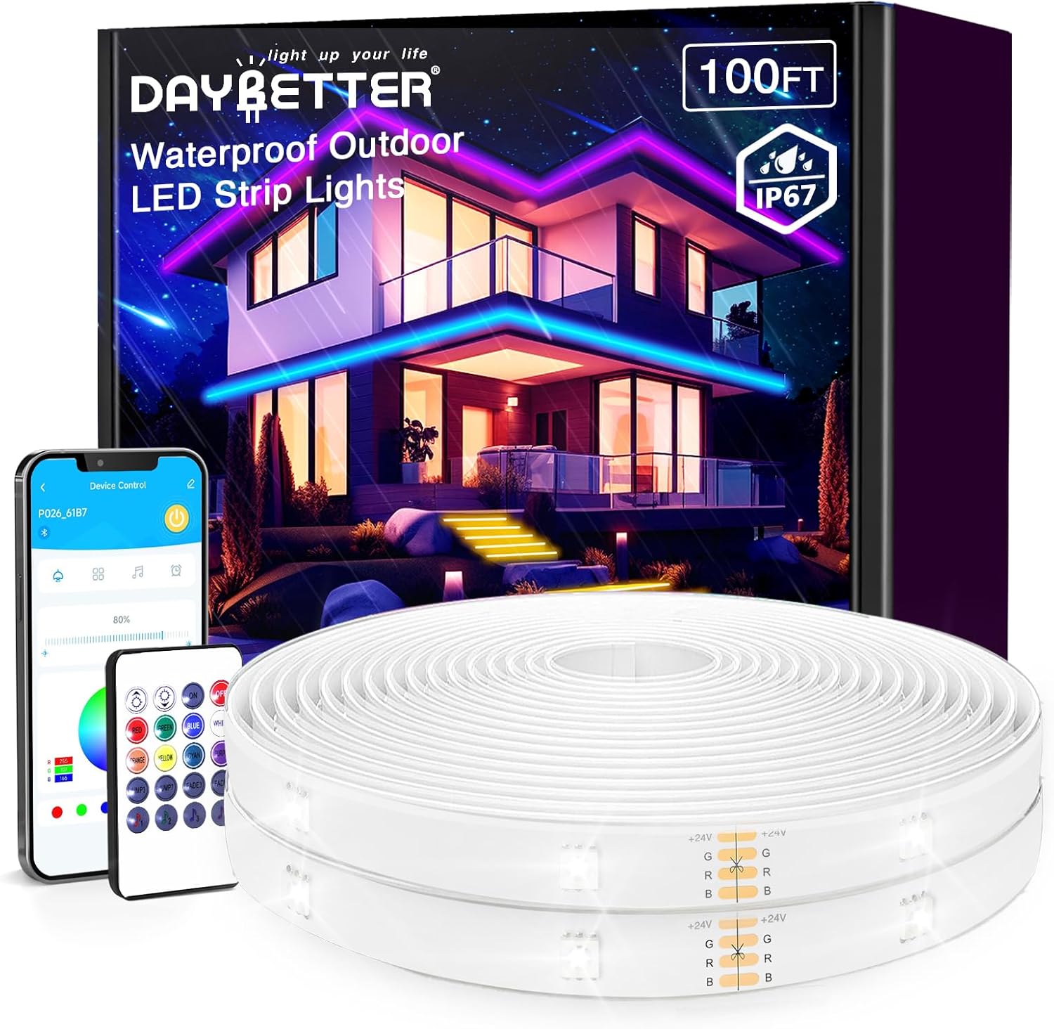 DAYBETTER 100 ft Outdoor LED Strip Lights Waterproof,IP67 Waterproof LED Light Strips with Remote,APP Music Sync RGB Exterior LED Rope Lights,Color Changing LED Lights for Bedroom,Roof,Balcony,Pool-0