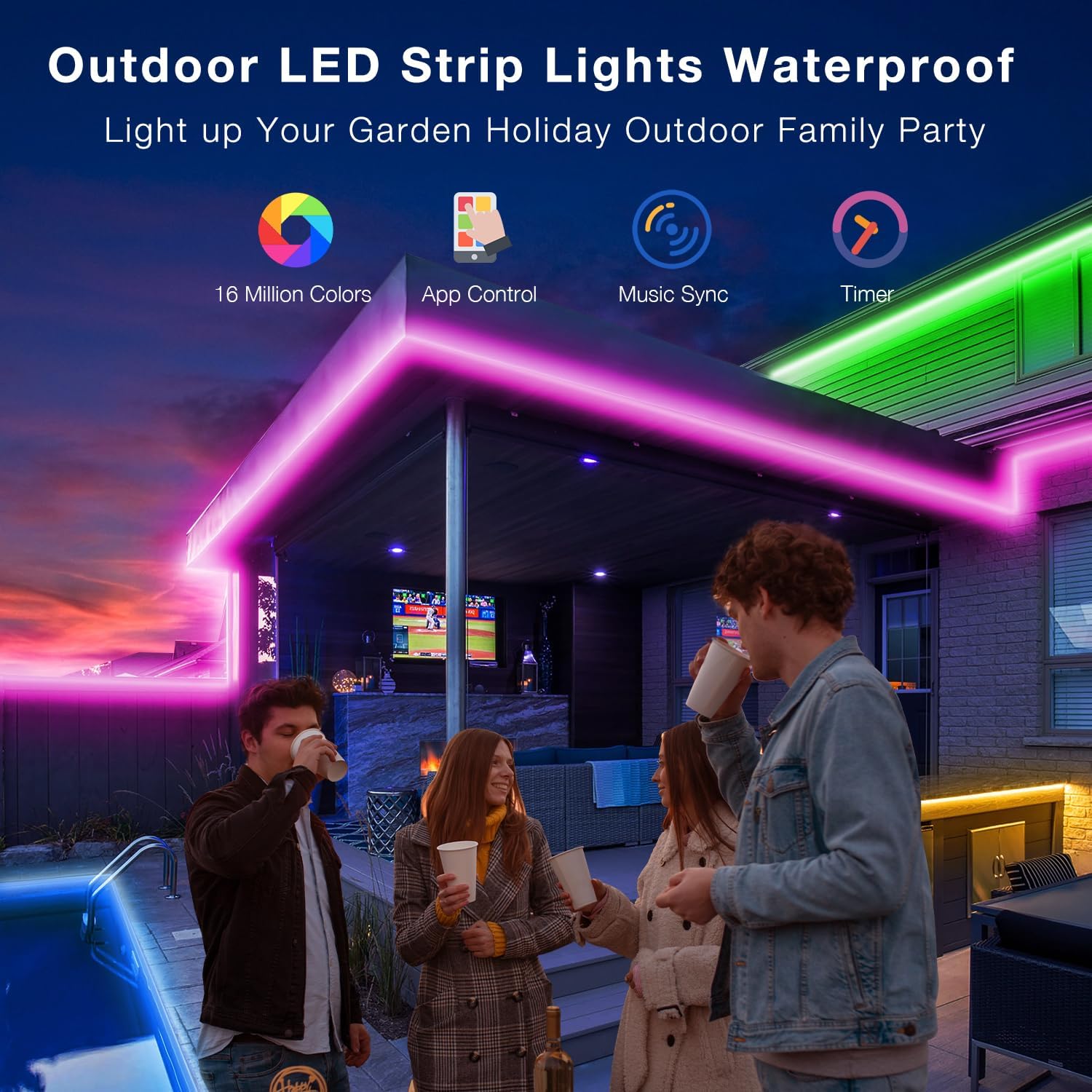 DAYBETTER 100 ft Outdoor LED Strip Lights Waterproof,IP67 Waterproof LED Light Strips with Remote,APP Music Sync RGB Exterior LED Rope Lights,Color Changing LED Lights for Bedroom,Roof,Balcony,Pool-1