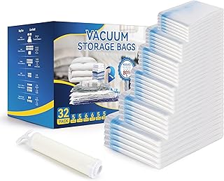 Simple Deluxe 32 Pack Vacuum Storage Bags (5 Jumbo/5 Large/6 Medium/6 Small/5 Roll M/5 Roll S) Space Saver Bags, Vacuum Seal Bags with Hand Pump for Comforters, Blankets, Bedding, Pillows and Clothes