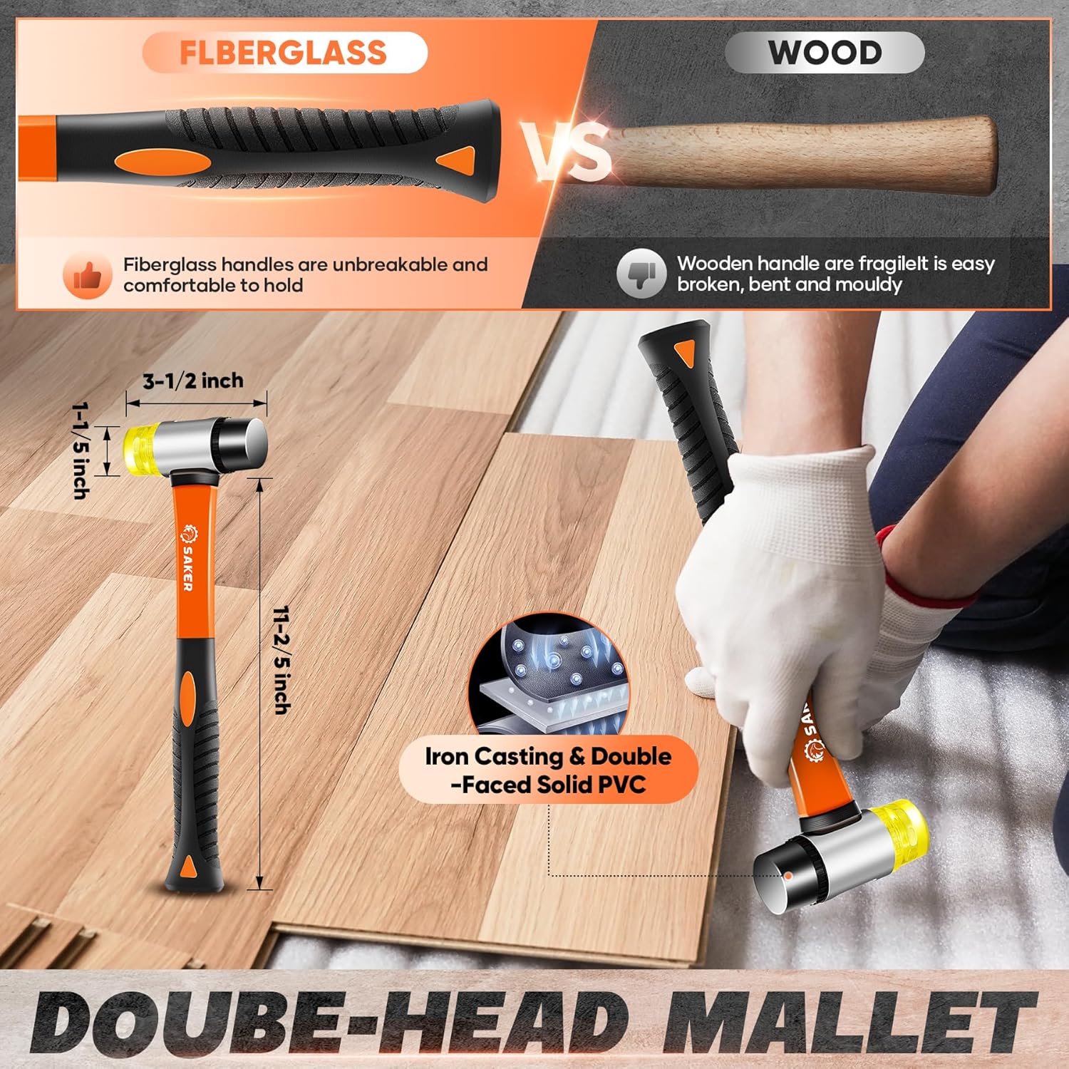 Saker Laminate Flooring Tools, 7 in 1 Vinyl Flooring Tools, Flooring Installation Kit,Tapping Block with Handle,2 in 1 Flooring Spacers,Pull Bar, 10”Contour Gauge,Rubber Mallet,Tape Measure-2