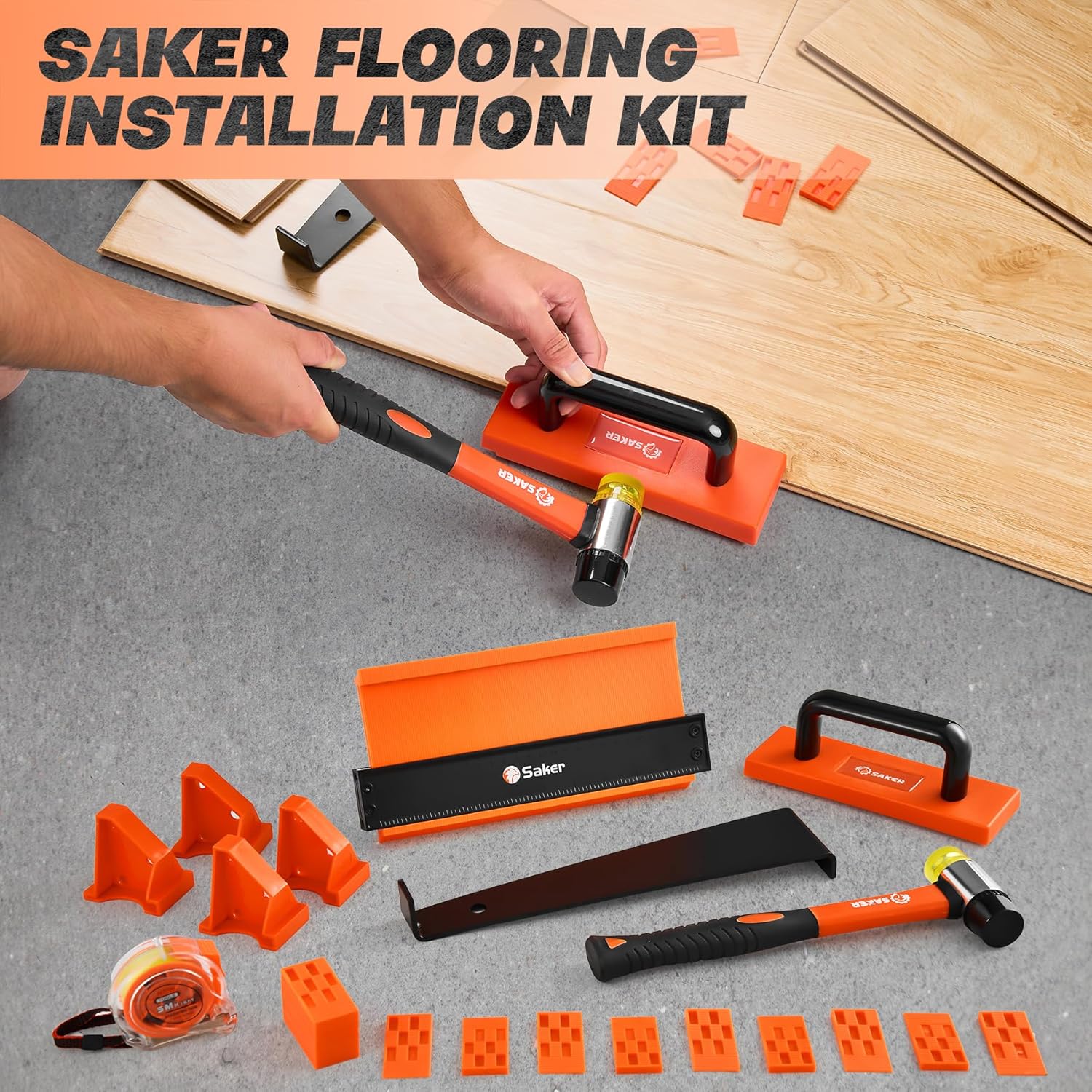 Saker Laminate Flooring Tools, 7 in 1 Vinyl Flooring Tools, Flooring Installation Kit,Tapping Block with Handle,2 in 1 Flooring Spacers,Pull Bar, 10”Contour Gauge,Rubber Mallet,Tape Measure-8