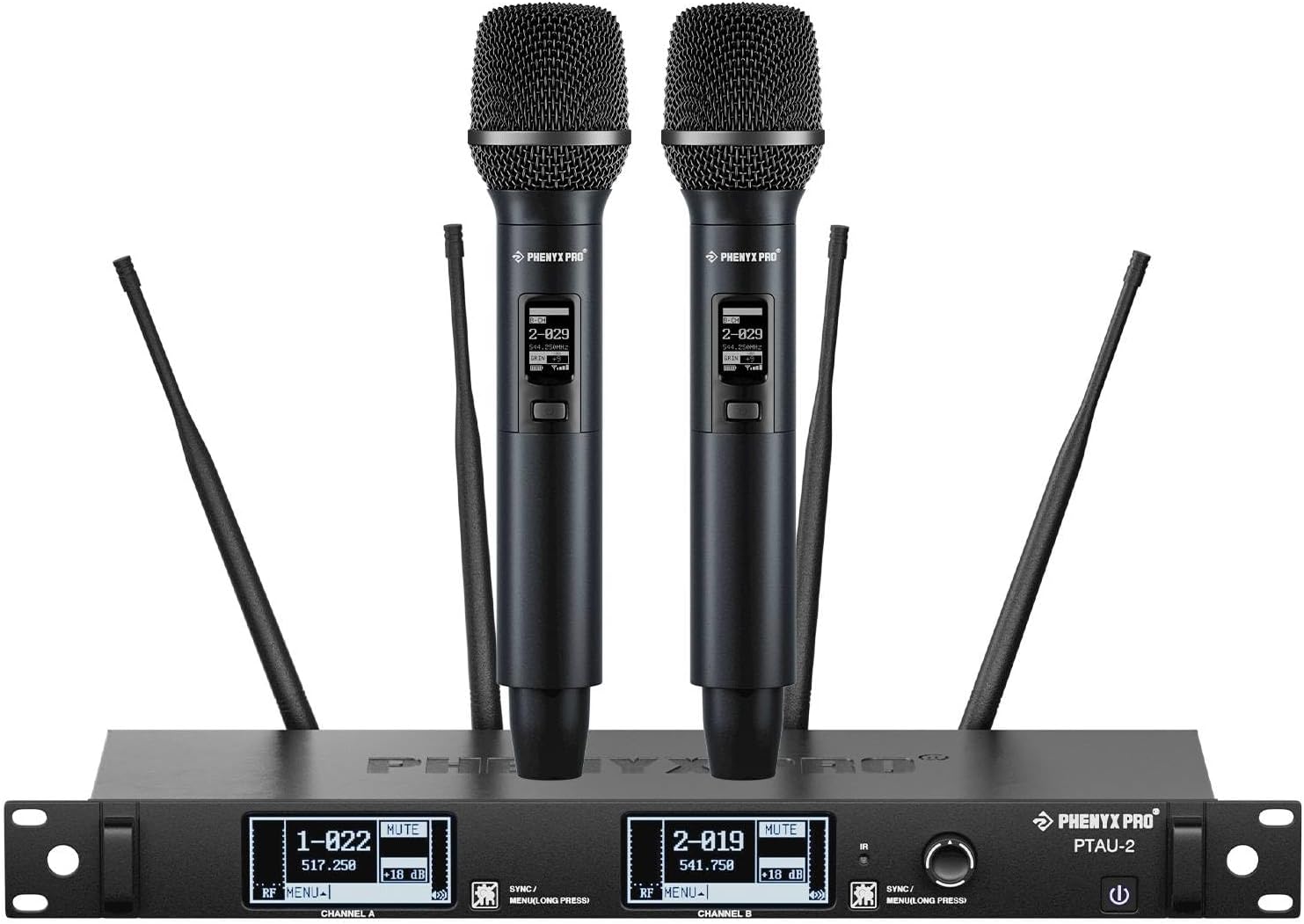 Phenyx Pro Dual-Channel Wireless Microphone System, Dynamic Mics w/ID Lock, Tunable Power Level, Auto Scan, Spectrum Analyzer, True Diversity Cordless Handheld for Singing, DJ, Karaoke (PTAU-2)-0