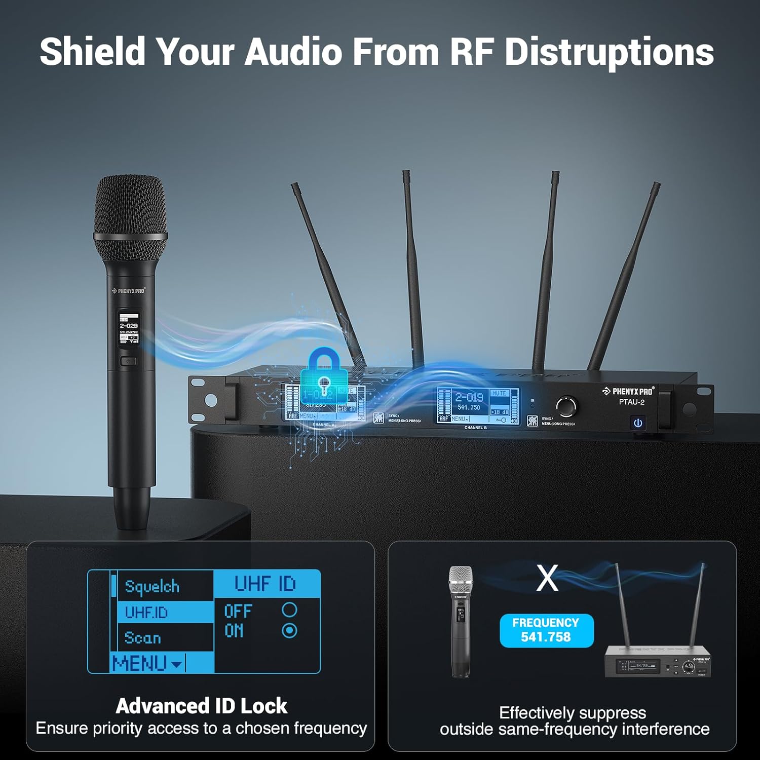 Phenyx Pro Dual-Channel Wireless Microphone System, Dynamic Mics w/ID Lock, Tunable Power Level, Auto Scan, Spectrum Analyzer, True Diversity Cordless Handheld for Singing, DJ, Karaoke (PTAU-2)-1