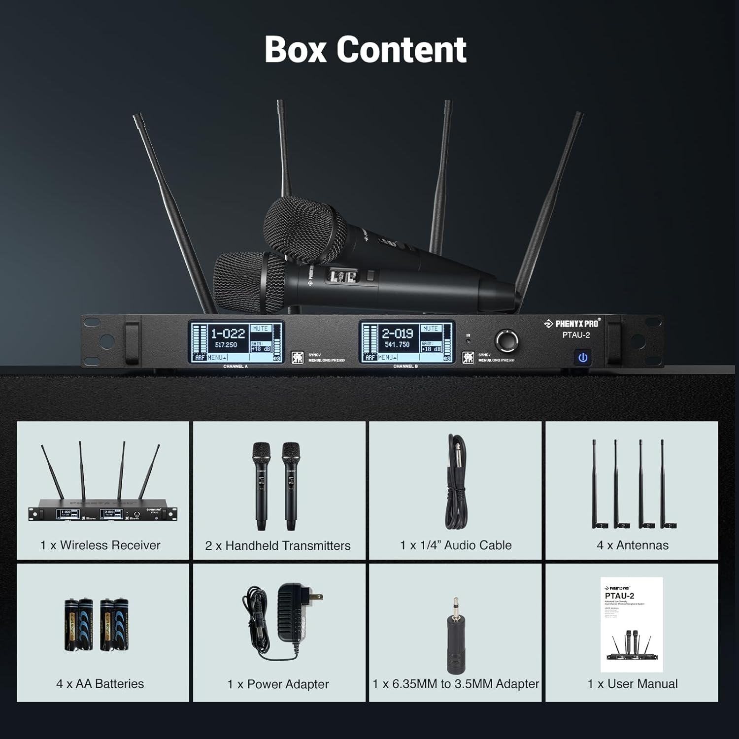 Phenyx Pro Dual-Channel Wireless Microphone System, Dynamic Mics w/ID Lock, Tunable Power Level, Auto Scan, Spectrum Analyzer, True Diversity Cordless Handheld for Singing, DJ, Karaoke (PTAU-2)-6