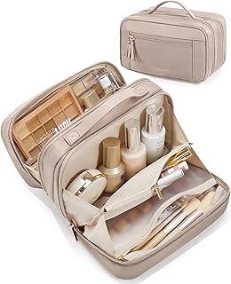 BAGSMART Travel Makeup Bag Large Capacity Cosmetic Bag, Wide-open Portable Make Up Bag Organizer for Women for Travel Essentials Travel-Size Toiletries Accessories Bottles, Brushes, Champagne