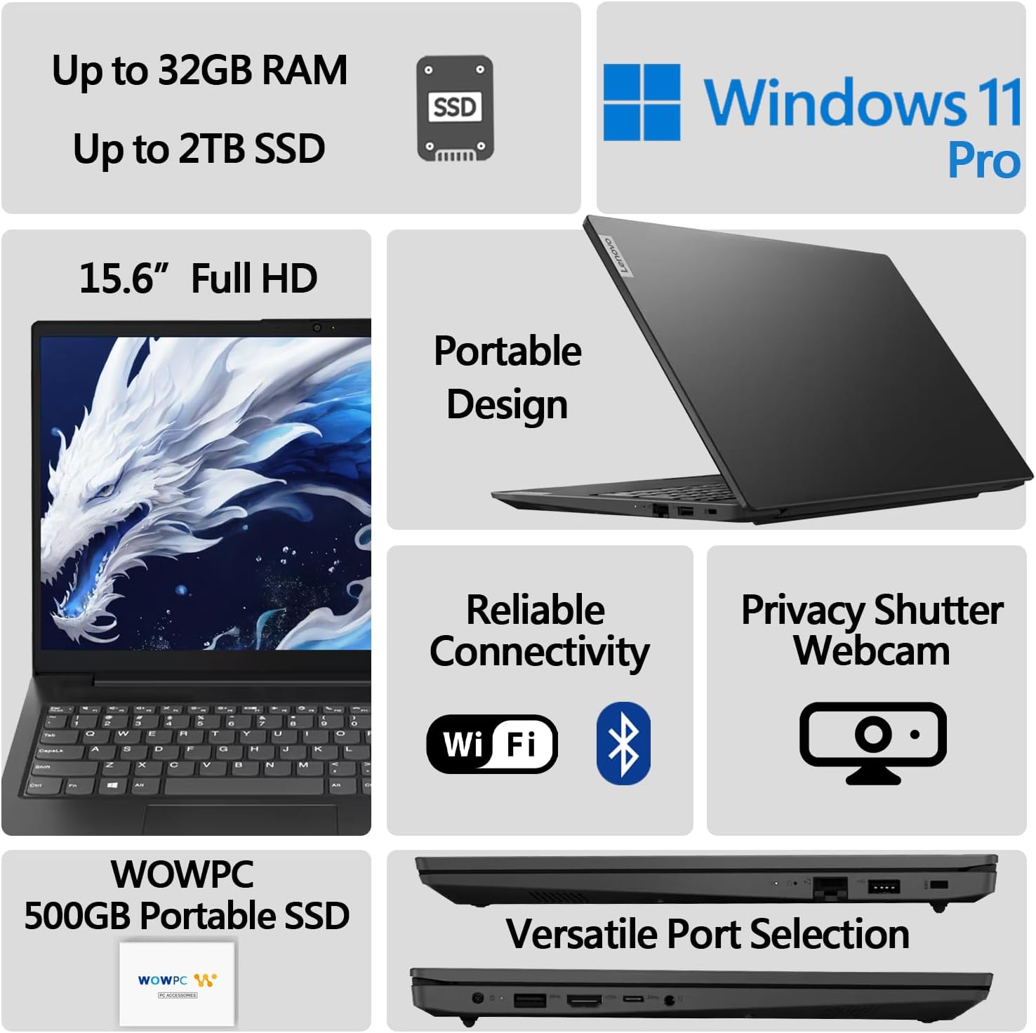 Lenovo Newest V15 Essential Laptop | 16GB RAM | 1TB SSD | 15.6" FHD (1920 x 1080) Display | Intel Quad-core Processor | Ethernet RJ-45 | Windows 11 Pro | WOWPC 500GB External HDD-1