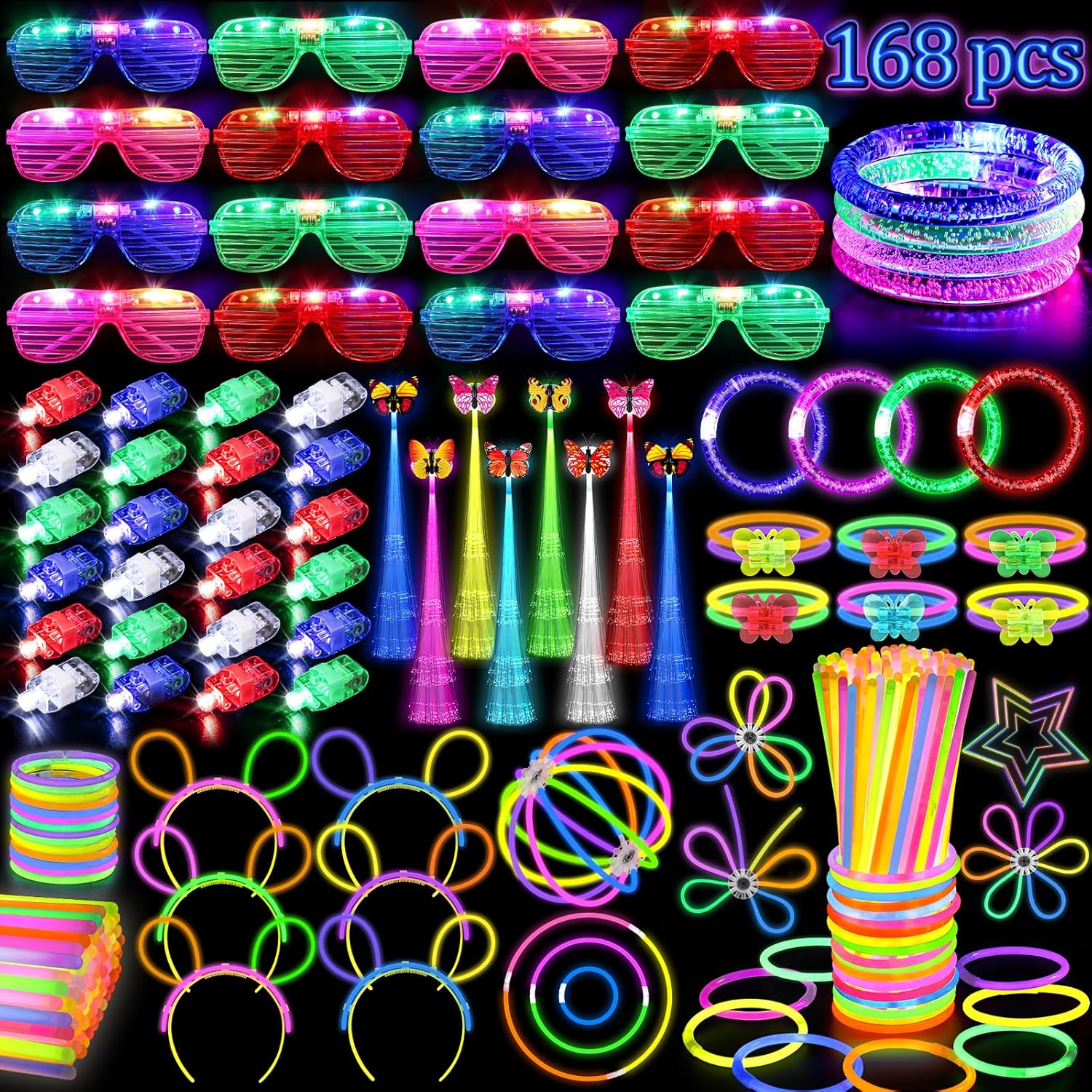 Glow in the Dark Party Supplies for Kids Adults, 168PCS Light Up Party Favors with Light Up Glasses, Hair Clips, Glow Sticks Bulk Party Pack DIY Glow Necklaces Bracelets Headband, Neon Party Supplies-0