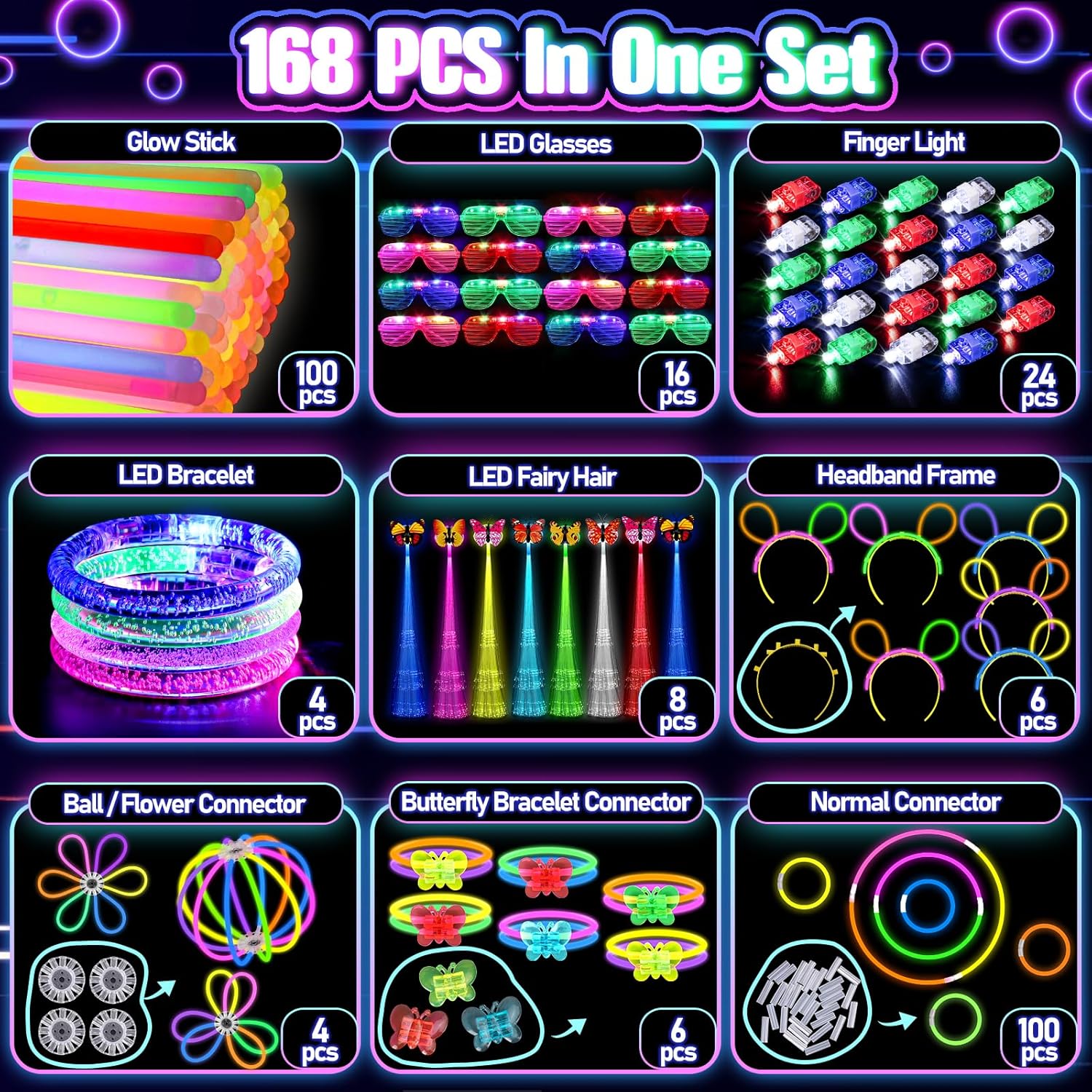 Glow in the Dark Party Supplies for Kids Adults, 168PCS Light Up Party Favors with Light Up Glasses, Hair Clips, Glow Sticks Bulk Party Pack DIY Glow Necklaces Bracelets Headband, Neon Party Supplies-1