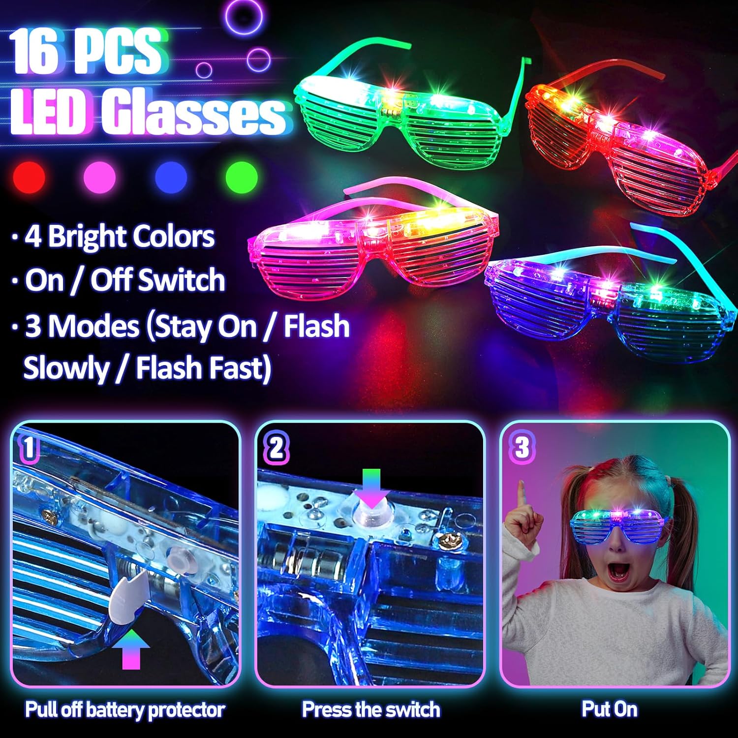 Glow in the Dark Party Supplies for Kids Adults, 168PCS Light Up Party Favors with Light Up Glasses, Hair Clips, Glow Sticks Bulk Party Pack DIY Glow Necklaces Bracelets Headband, Neon Party Supplies-2